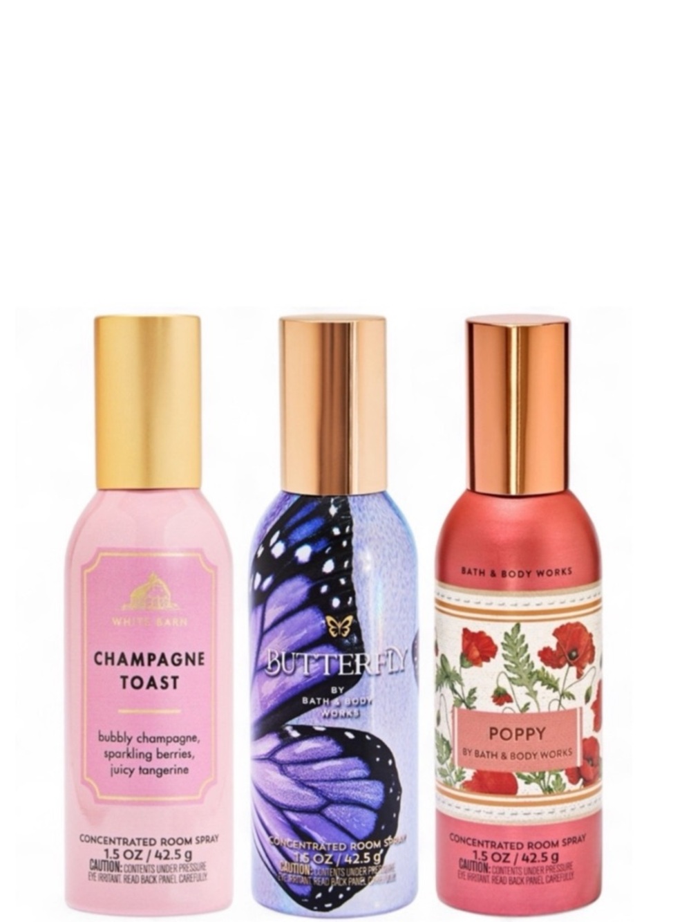 BBW Works Champagne Toast, Butterfly & Poppy Concentrated Room Spray Bundle